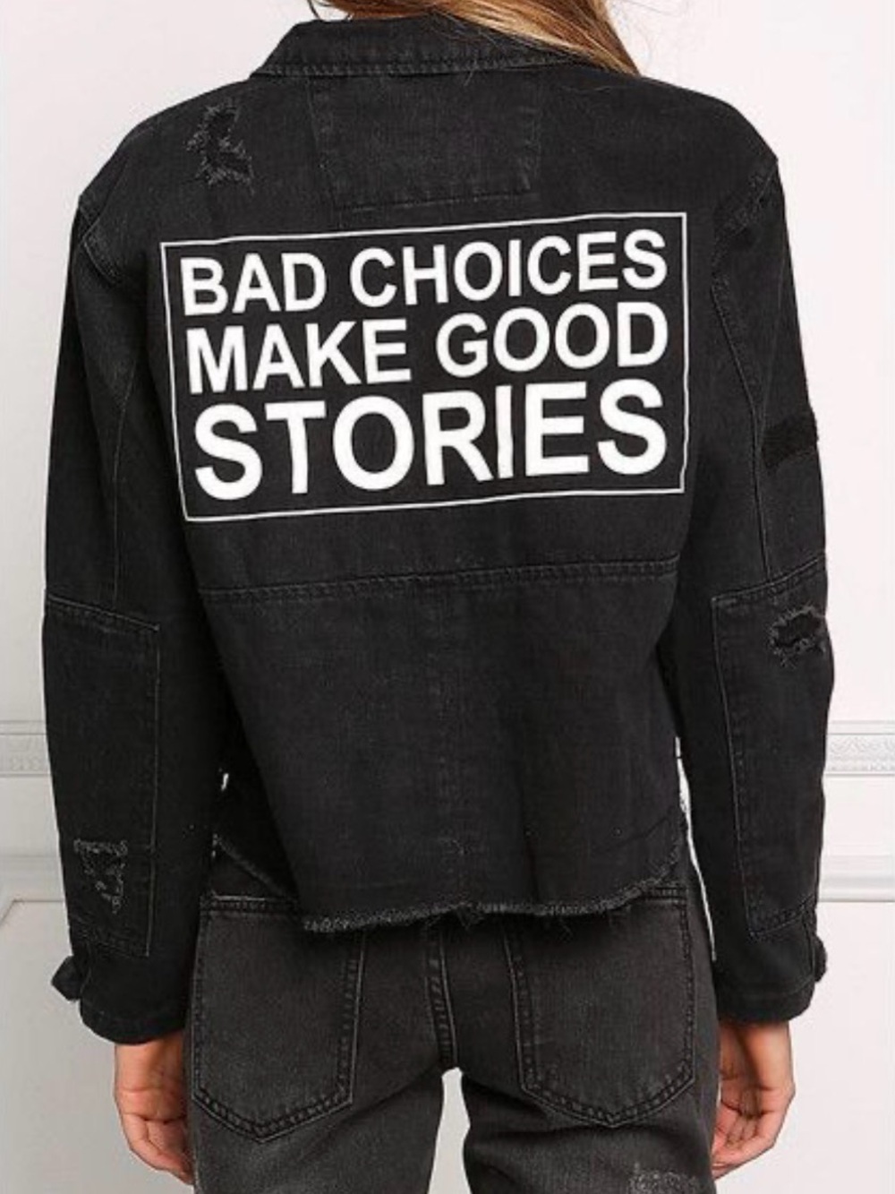 Bershka black denim “Bad Choices Make Good Stories “ goth grunge crop jacket S